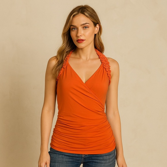 Cache Y2K Orange Racerback Wrap Tank Top Woven Straps Retro Stretchy Size S - Picture 1 of 5